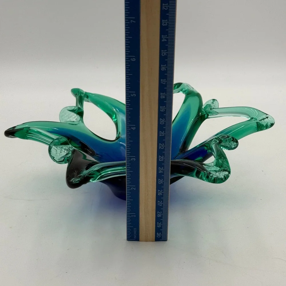 Vintage Art Glass Starburst Bowl Blue Green Hand Blown Centerpiece 9 Inch